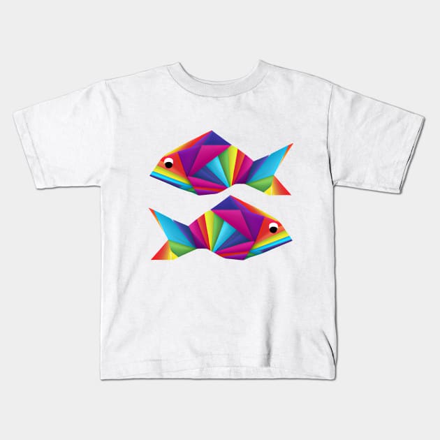 Geometric Fish abstract colorful rainbow color scheme origami style Kids T-Shirt by GraphGeek